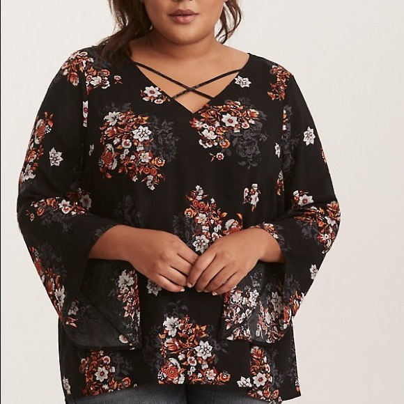 torrid Tops - Torrid Floral Print Cross Front Bell Sleeve Blouse
